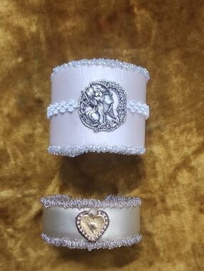 (2pc) Handcrafted White and Cream Beaded Cuff Bracelets - Designer Style